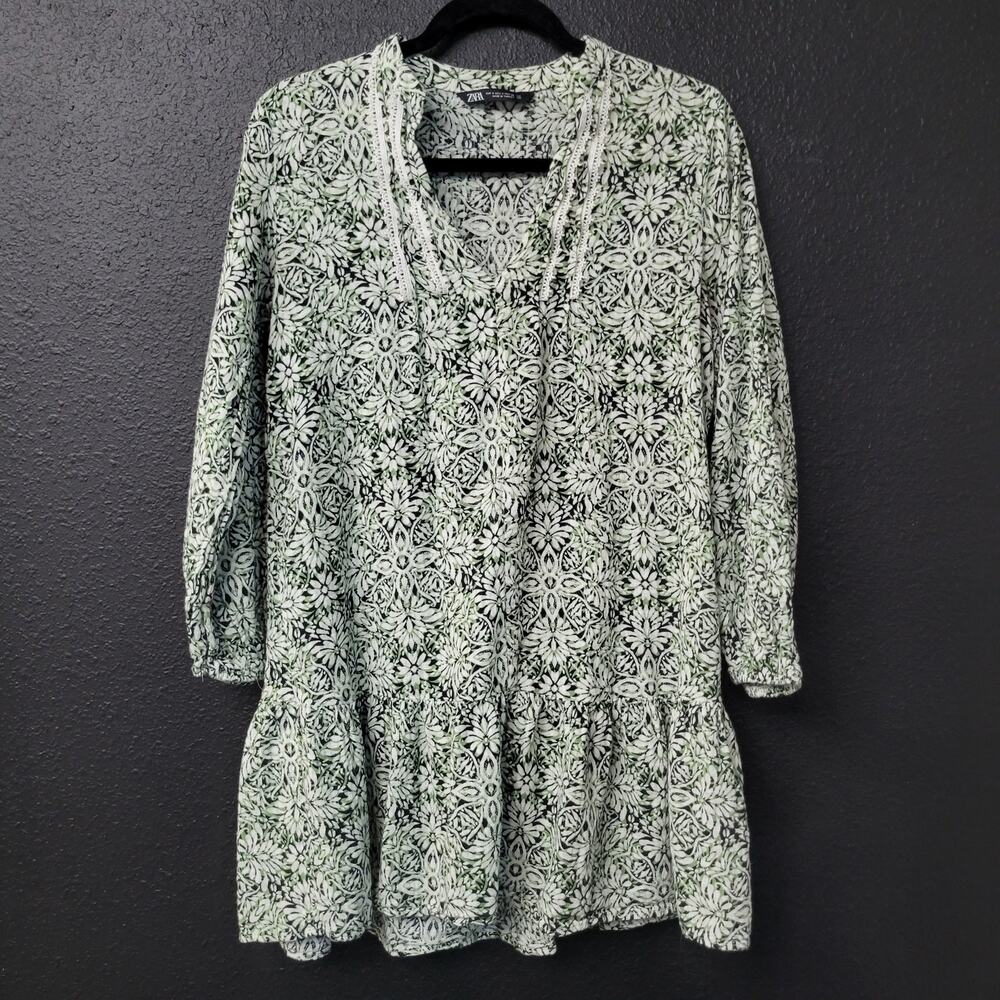 Zara Cotton Floral Print Mini Dress Size Small Long Sleeve Boho Cottagecore